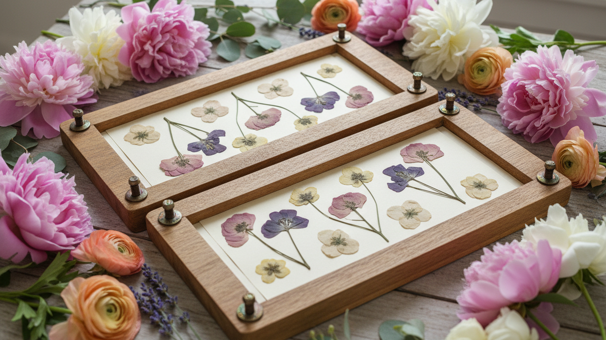 Vibrant pressed flowers laid out near their fresh blooms. How to avoid brown flowers for a vivid press