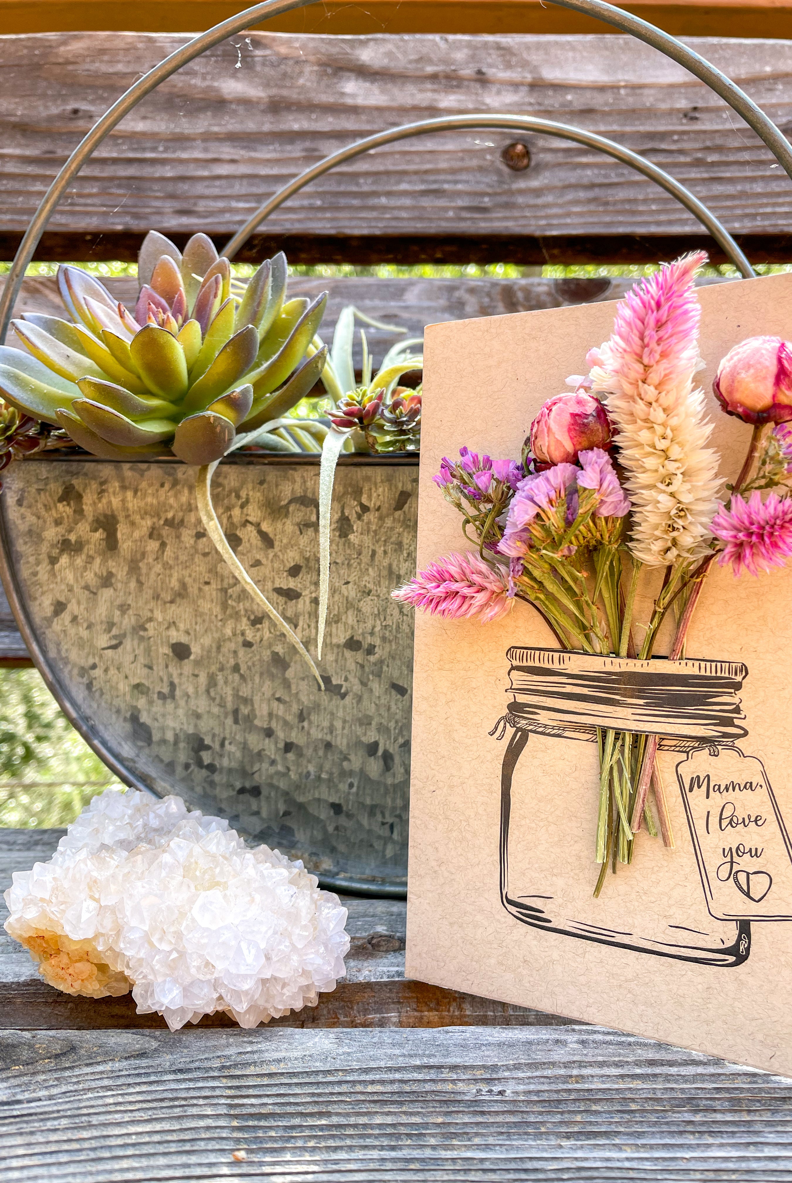 Mama, I Love You - Mason Jar - Dried Flower Greeting Card - with decor
