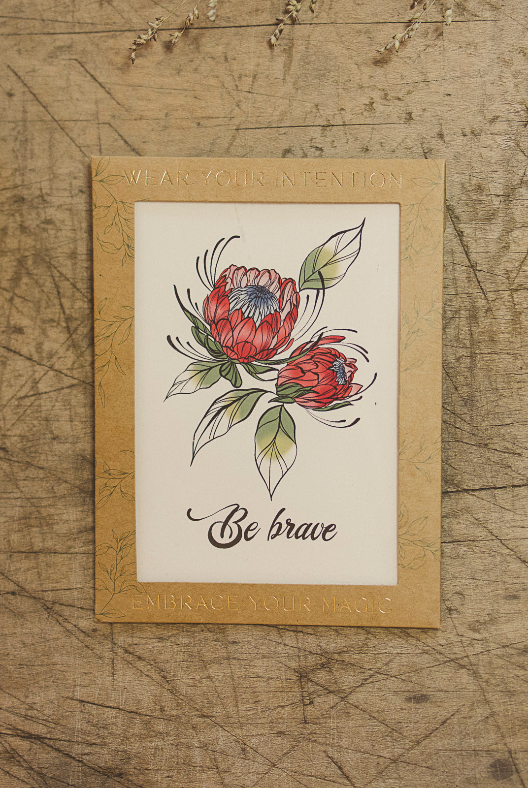 "Be Brave" protea flower temporary tattoo sheet from Orchid and Pine Tiny Intentions collection
