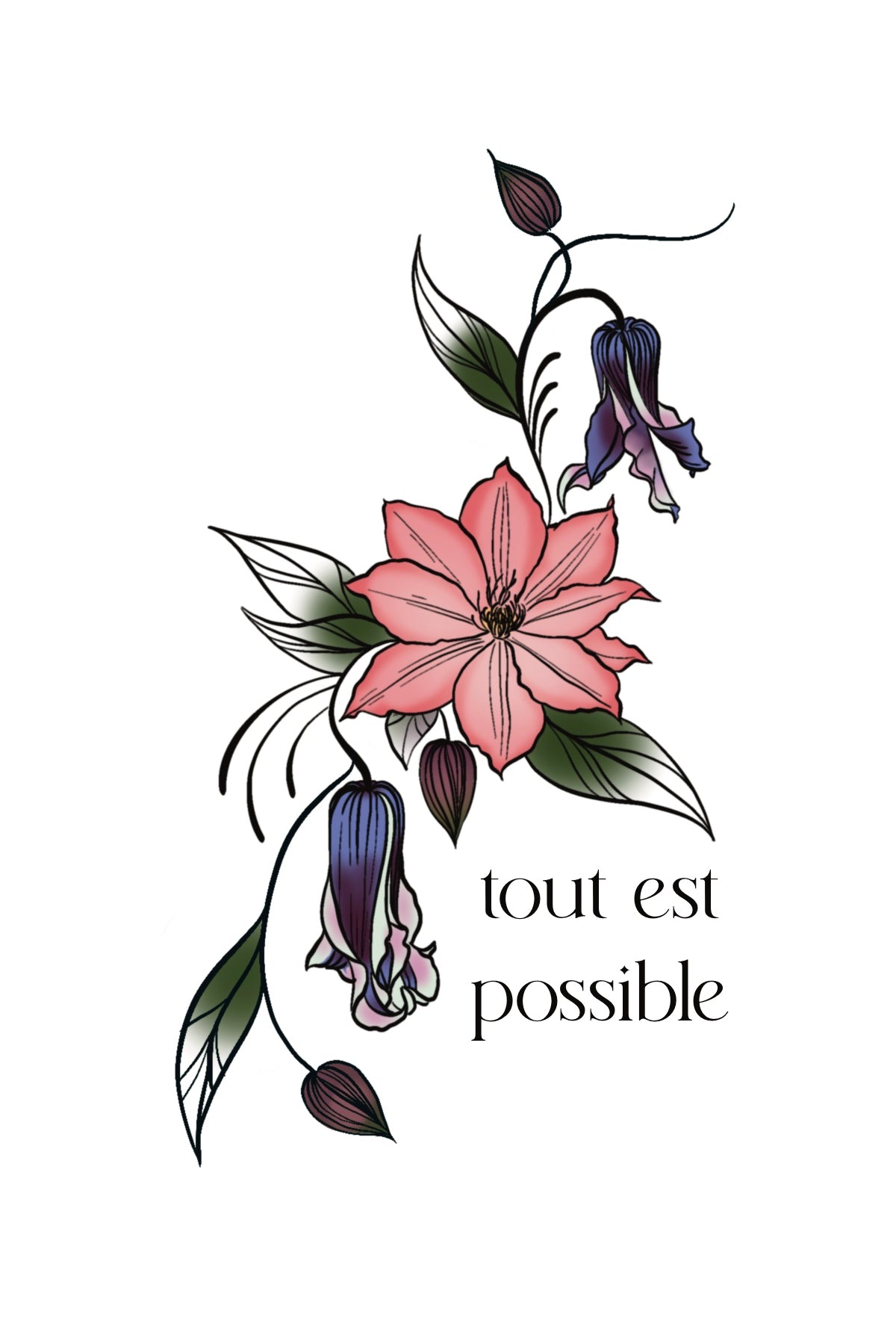 "Tout Est Possible" Clematis temporary tattoo sheet from Orchid and Pine Tiny Intentions collection.