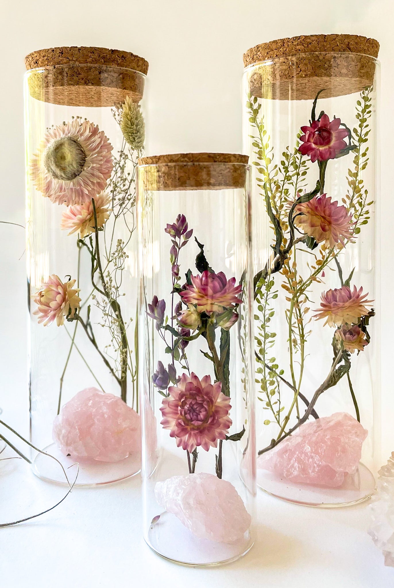 Dried Flower Herbarium - Rose Quartz Earth Vessel  - LARGE - set of three