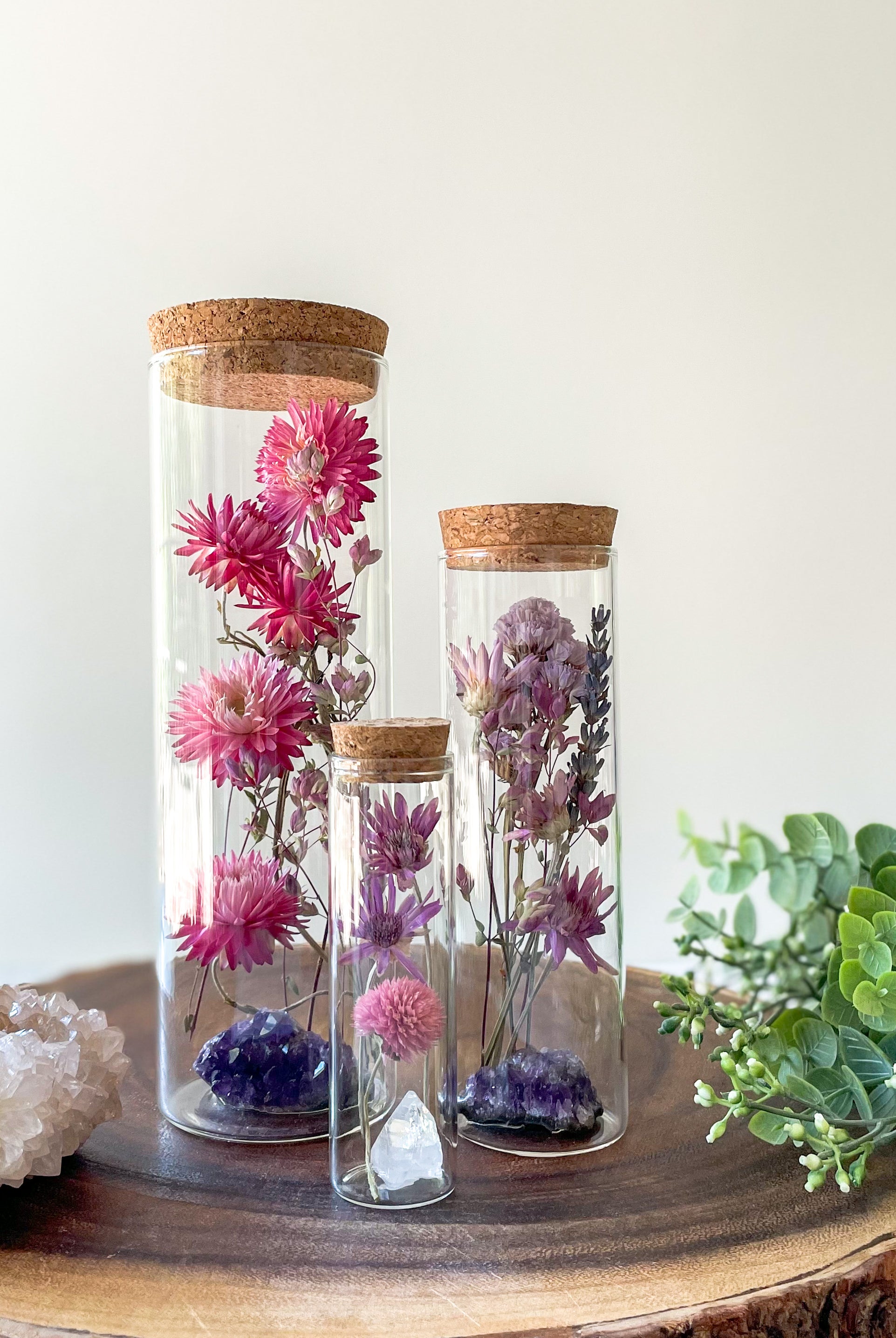 Dried Flower Herbarium - Amethyst Earth Vessel - size comparison on wooden table