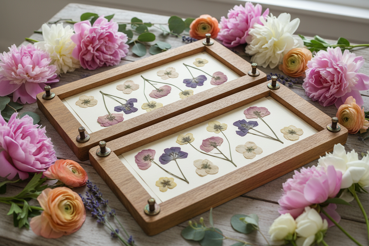 Vibrant pressed flowers laid out near their fresh blooms. How to avoid brown flowers for a vivid press