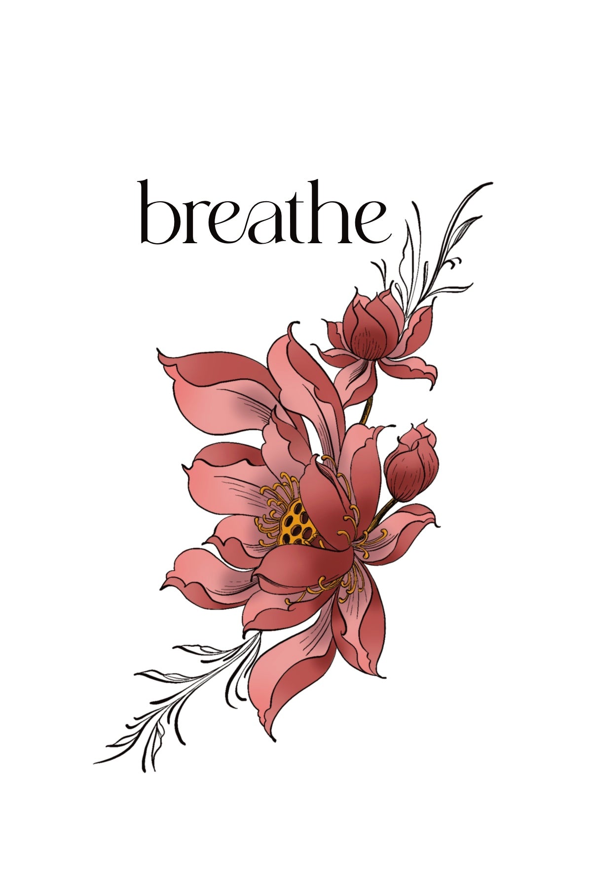 Botanical "Breathe" tattoo for stress relief and mindfulness