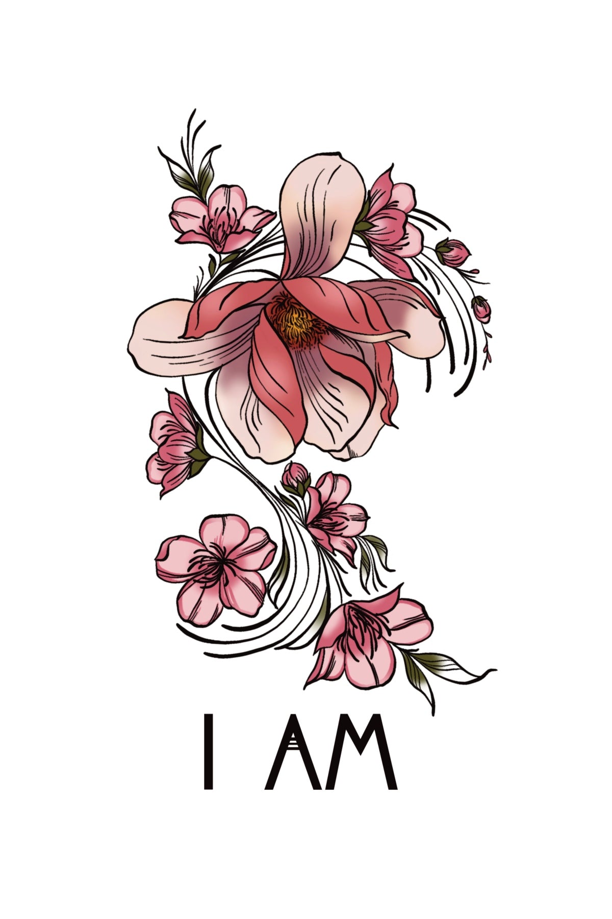 Orchid and Pine "I Am" temporary tattoo with elegant magnolia flower design