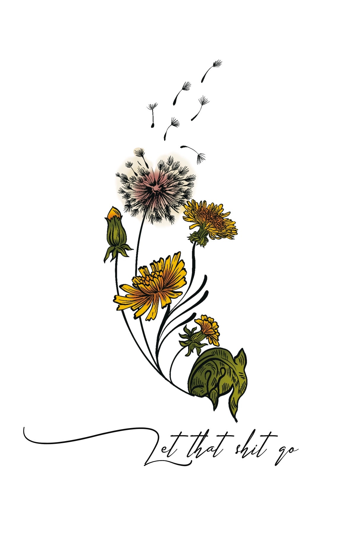 "Let That Shit Go" Dandelion flower temporary tattoo sheet from Orchid and Pine Tiny Intentions collection