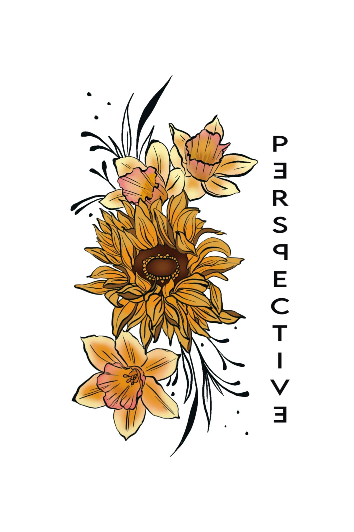 "Perspective" Sunflower and Narcissus temporary tattoo sheet from Orchid and Pine Tiny Intentions collection.