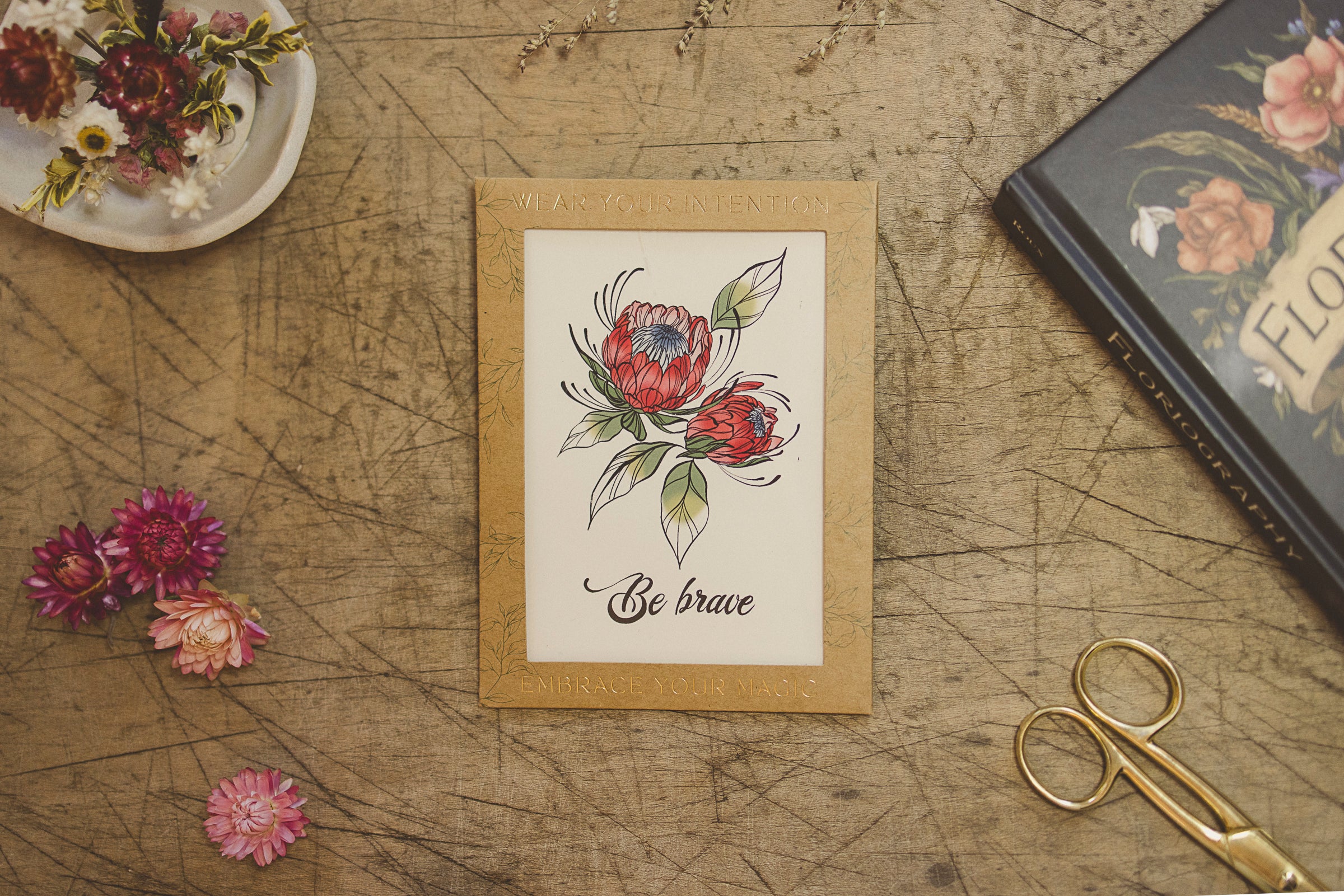 "Be Brave" protea flower temporary tattoo sheet from Orchid and Pine Tiny Intentions collection