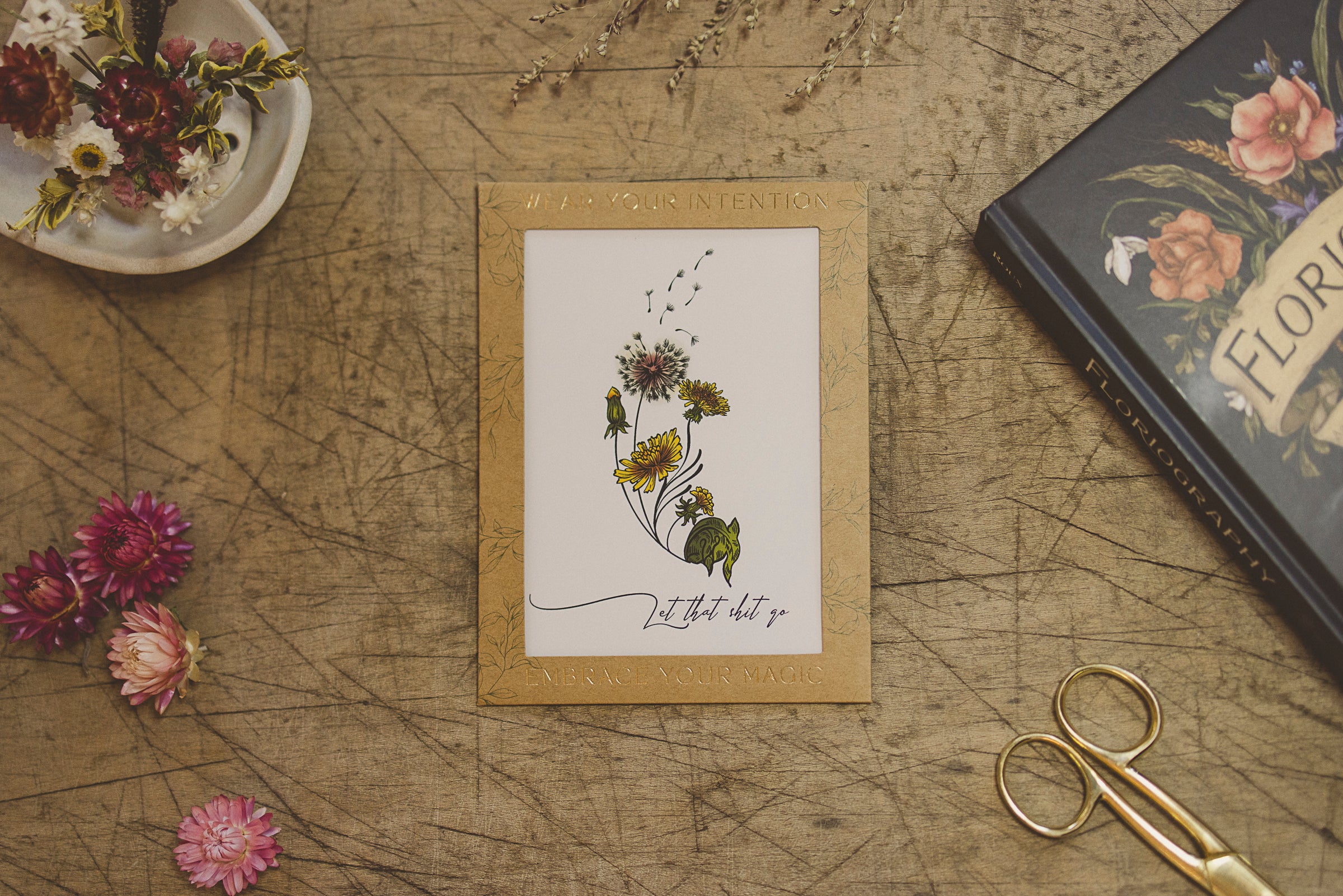 "Let That Shit Go" dandelion flower temporary tattoo by Orchid and Pine