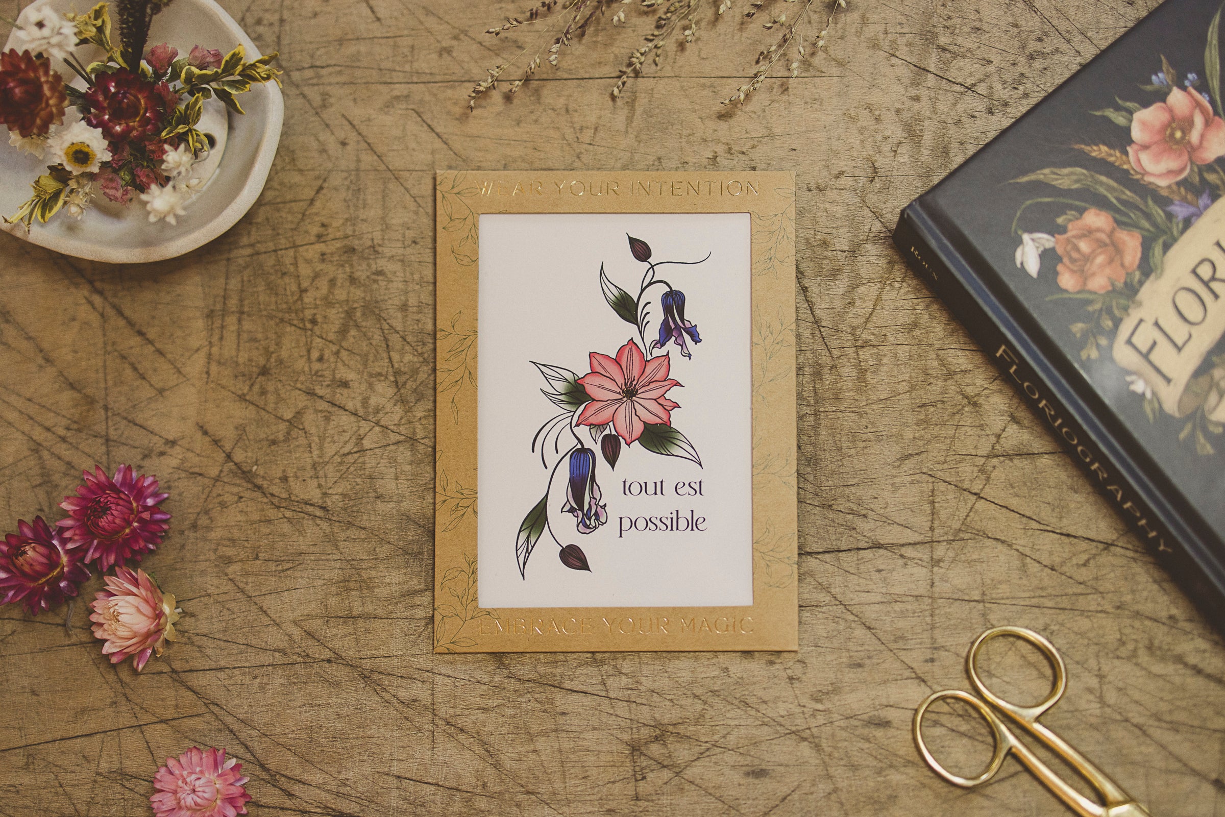 "Tout Est Possible" Clematis temporary tattoo in packagine from Orchid and Pine Tiny Intentions collection.