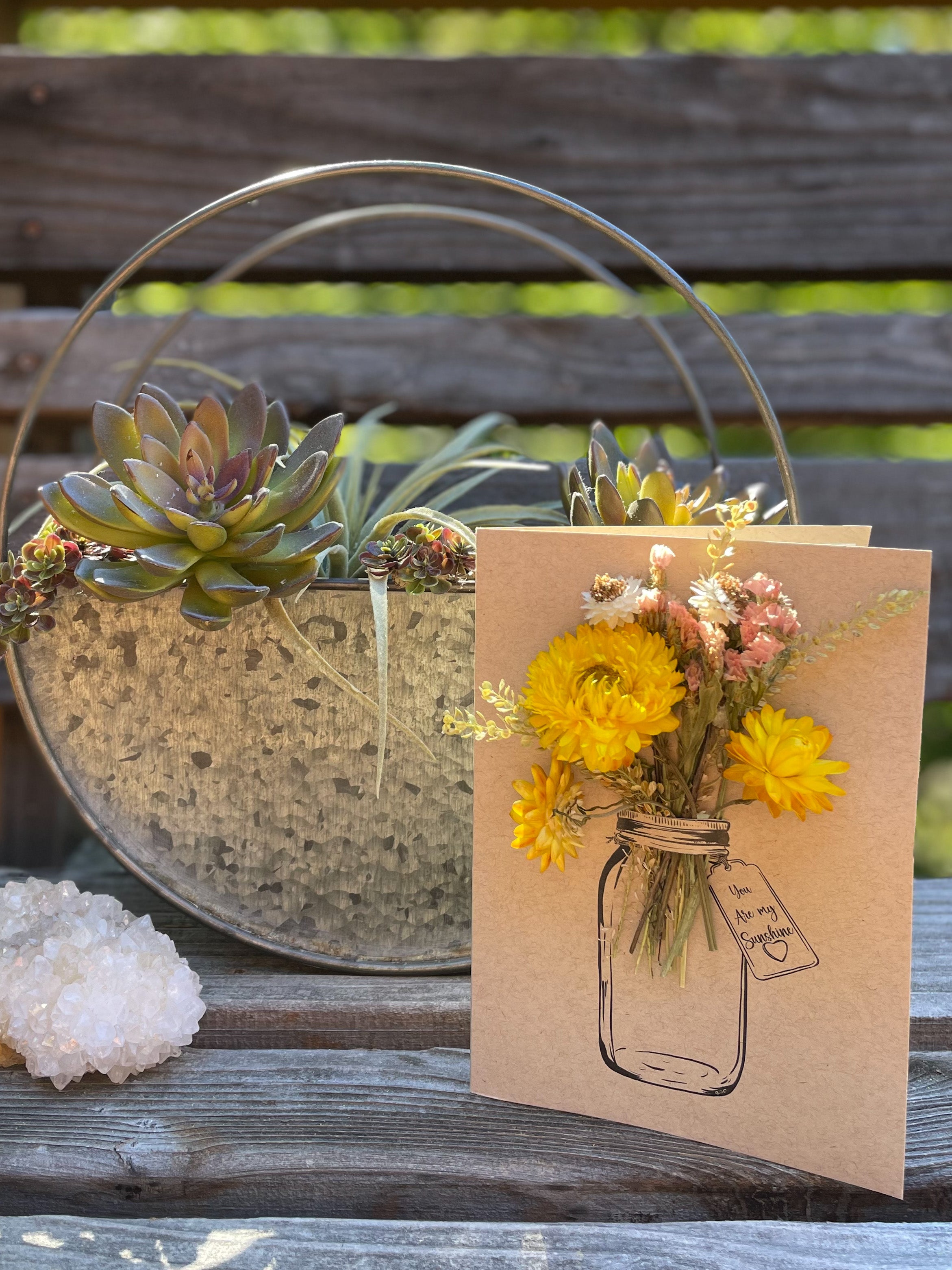 You Are My Sunshine - Mason Jar - Dried Flower Greeting Card - with decor