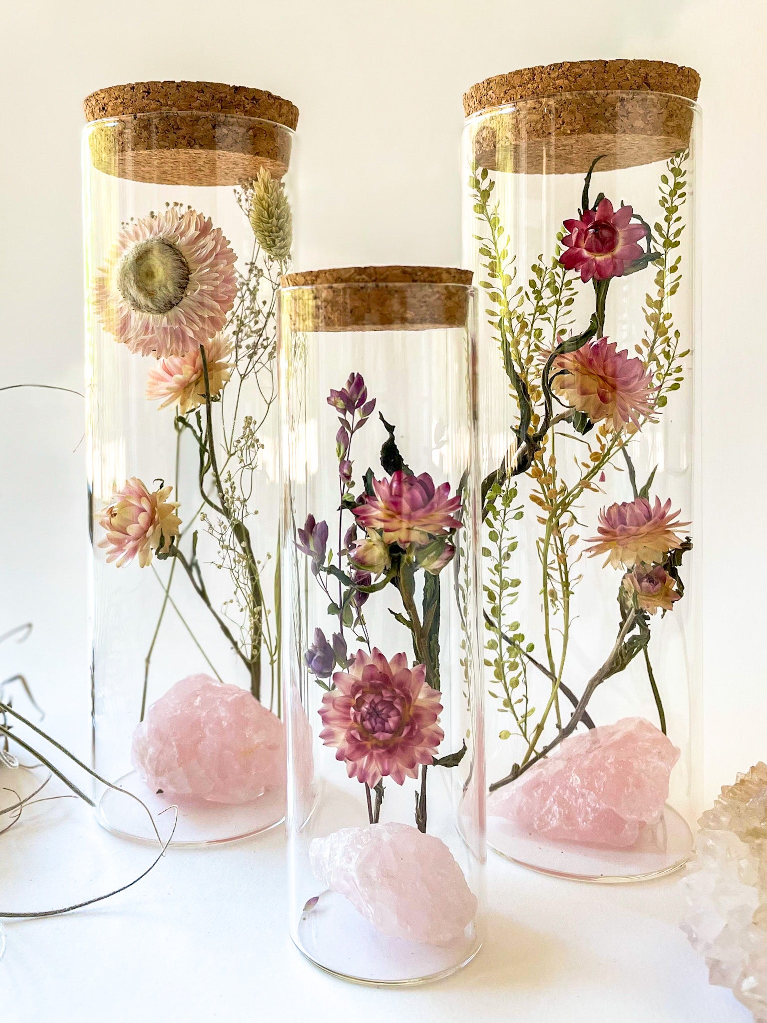 Dried Flower Herbarium - Rose Quartz Earth Vessel  - LARGE - set of three