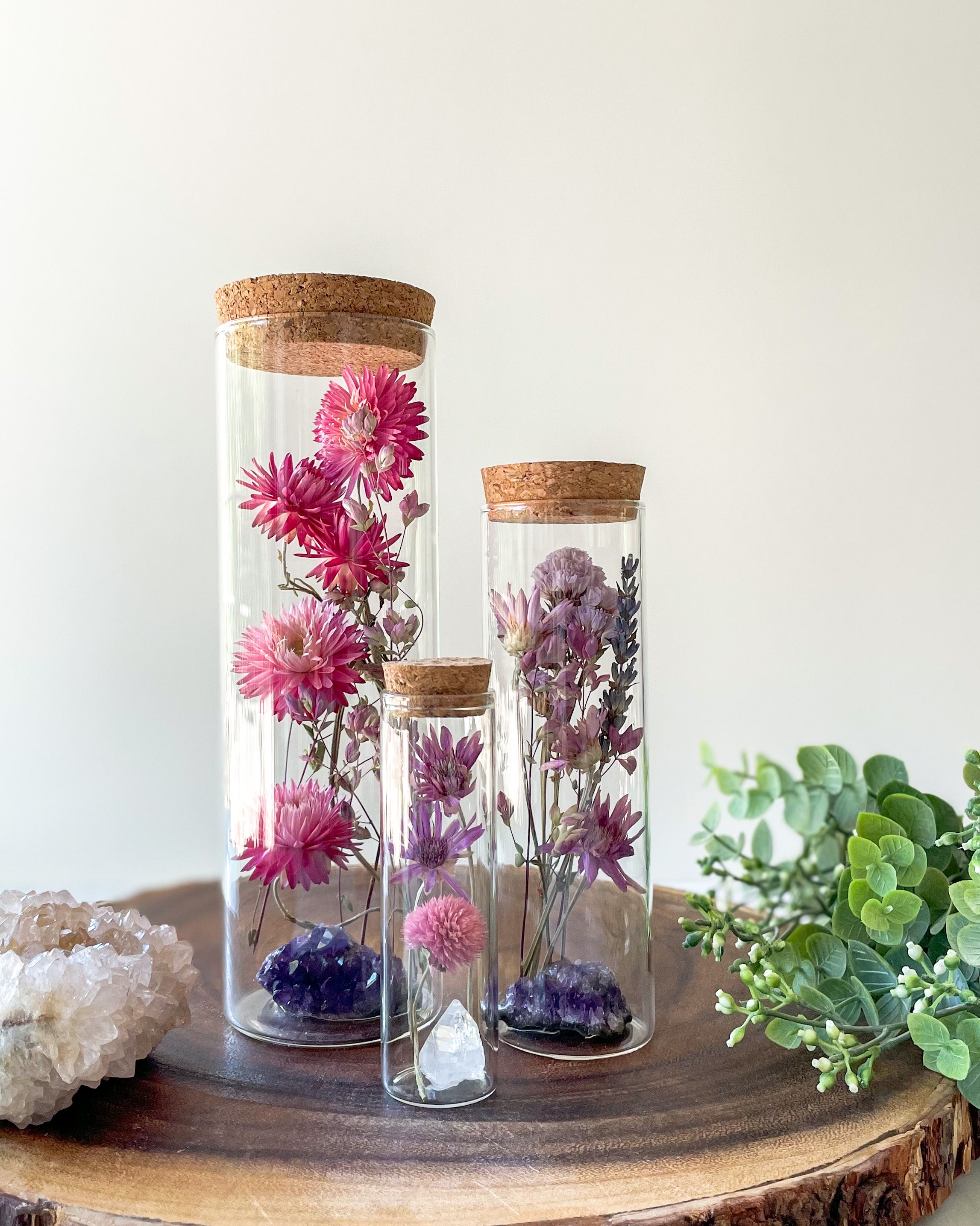 Dried Flower Herbarium - Amethyst Earth Vessel - size comparison on wooden table