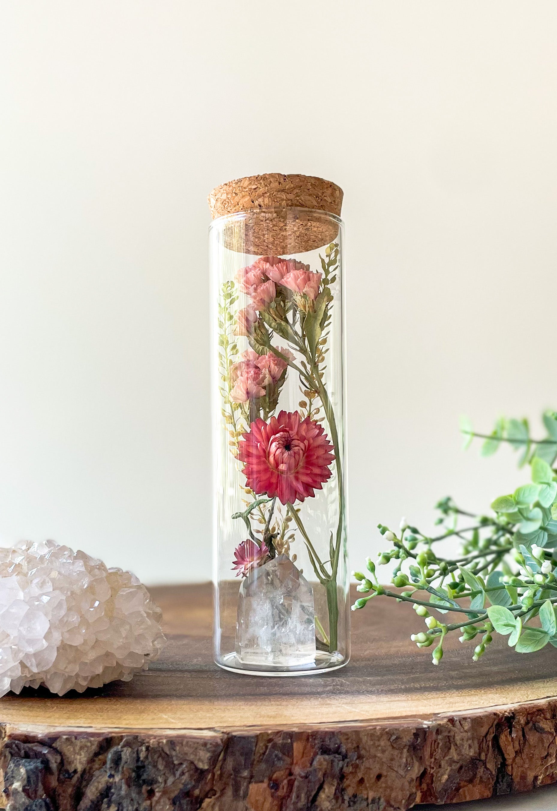 Dried Flower Herbarium - Clear Quartz Tower Earth Vessel - MEDIUM - with decor
